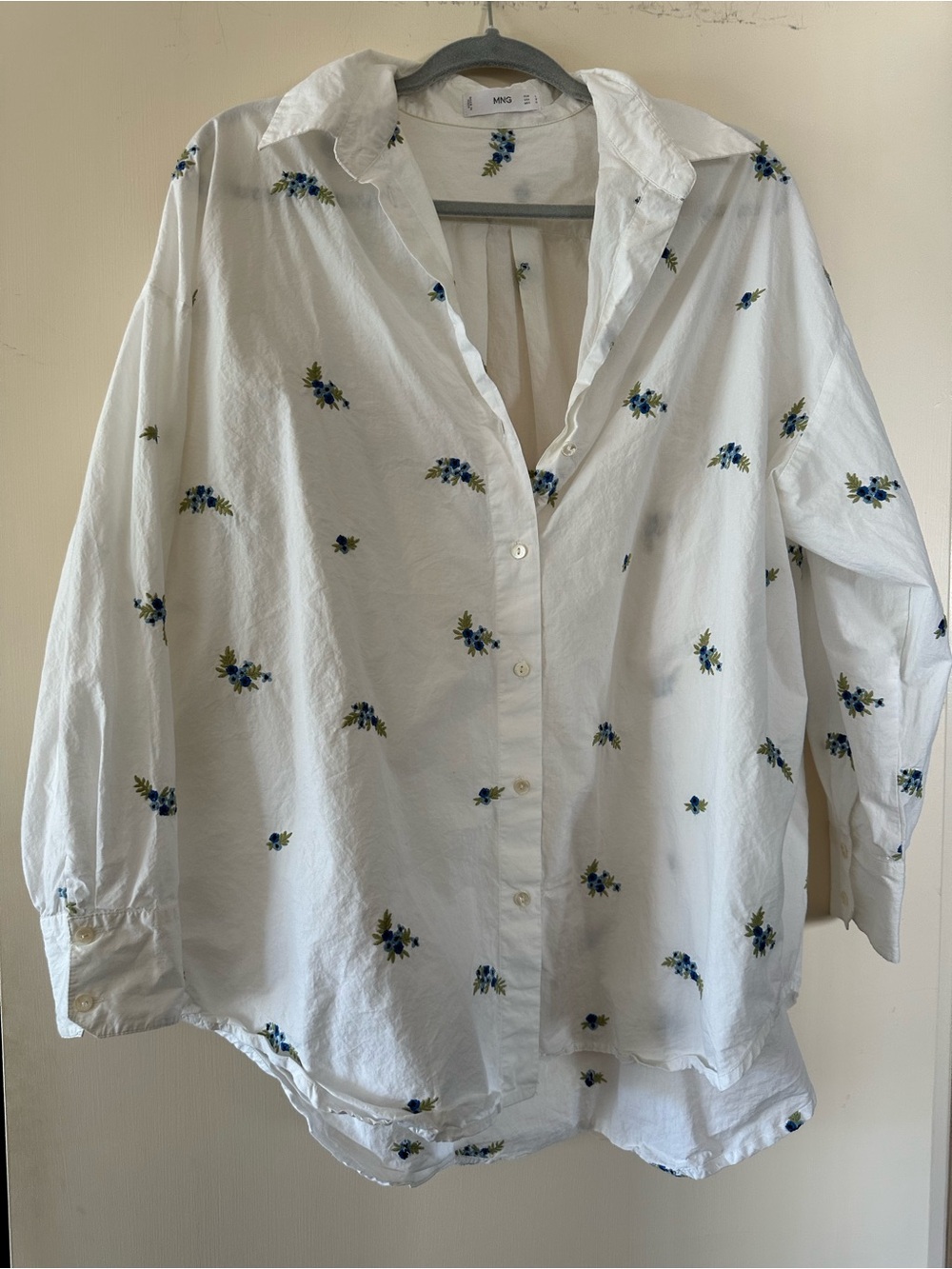 Mango White Shirt with Blue Floral Embroidery